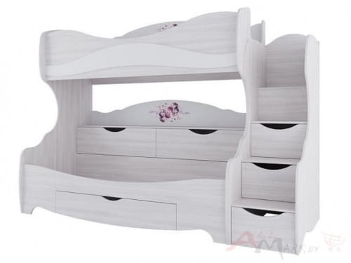 SV-мебель, Модульная система "Акварель 1 К" Кровать двухъярусная Ясень анкор светлый/ белая матовая/Цветы
