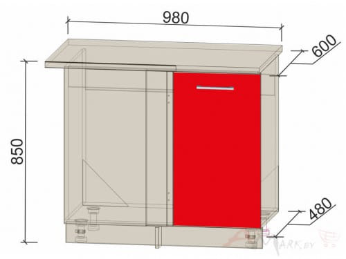 Шкаф угловой под мойку Интерлиния НШ98-М.П модуль кухни Мила Глосс в цвете красный