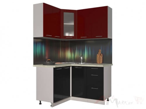 Угловая кухня Интерлиния Мила Пластик 1,2x1,4 в цвете черный / бордовый
