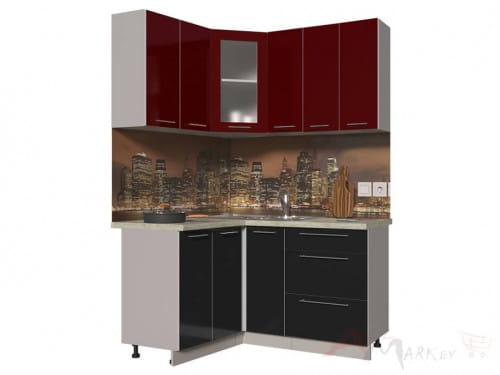Угловая кухня Интерлиния Мила Пластик 1,2x1,5 в цвете черный / бордовый