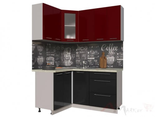 Угловая кухня Интерлиния Мила Пластик 1,2x1,6 в цвете черный / бордовый