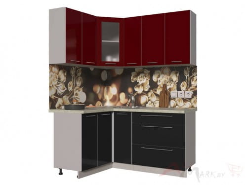 Угловая кухня Интерлиния Мила Пластик 1,2x1,7 в цвете черный / бордовый