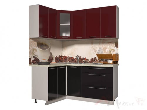 Угловая кухня Интерлиния Мила Пластик 1,2x1,8 в цвете черный / бордовый
