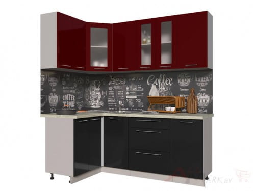 Угловая кухня Интерлиния Мила Пластик 1,2x2,0 в цвете черный / бордовый