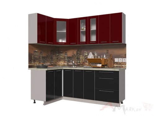 Угловая кухня Интерлиния Мила Пластик 1,2x2,1 в цвете черный / бордовый