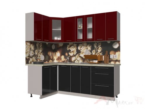 Угловая кухня Интерлиния Мила Пластик 1,2x2,2 в цвете черный / бордовый