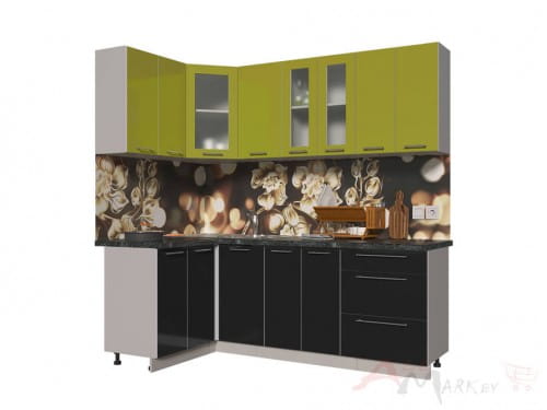 Угловая кухня Интерлиния Мила Пластик 1,2x2,2 в цвете черный / олива