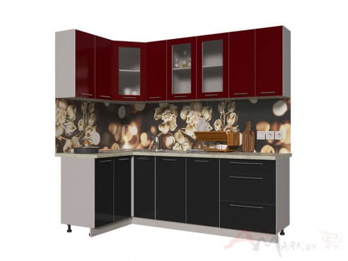 Угловая кухня Интерлиния Мила Пластик 1,2x2,3 в цвете черный / бордовый