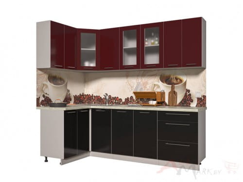 Угловая кухня Интерлиния Мила Пластик 1,2x2,4 в цвете черный / бордовый