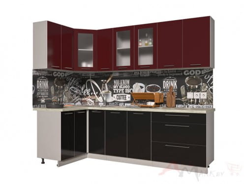 Угловая кухня Интерлиния Мила Пластик 1,2x2,5 в цвете черный / бордовый