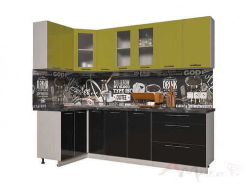 Угловая кухня Интерлиния Мила Пластик 1,2x2,5 в цвете черный / олива