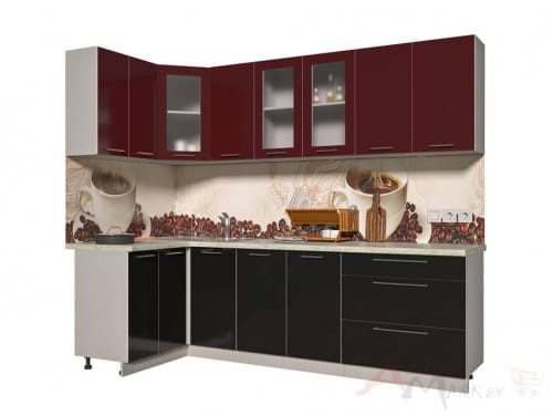 Угловая кухня Интерлиния Мила Пластик 1,2x2,6 в цвете черный / бордовый