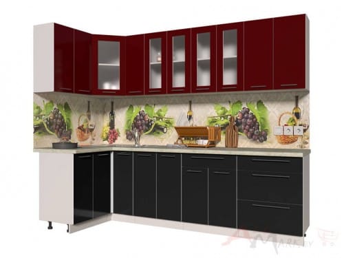 Угловая кухня Интерлиния Мила Пластик 1,2x2,7 в цвете черный / бордовый