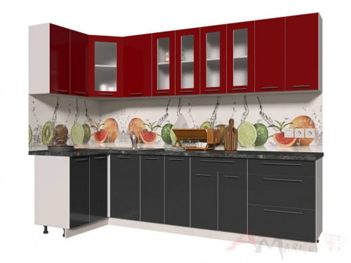 Угловая кухня Интерлиния Мила Пластик 1,2x2,8 в цвете антрацит / красный