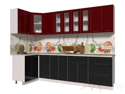 Угловая кухня Интерлиния Мила Пластик 1,2x2,8 в цвете черный / бордовый
