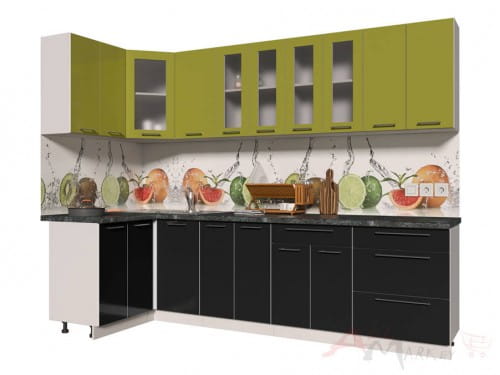 Угловая кухня Интерлиния Мила Пластик 1,2x2,8 в цвете черный / олива