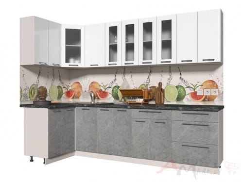 Угловая кухня Интерлиния Мила Пластик 1,2x2,8 в цвете мрамор / белый