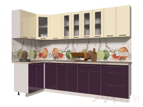 Угловая кухня Интерлиния Мила Пластик 1,2x2,8 в цвете слива / ваниль
