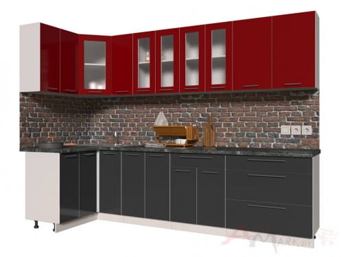 Угловая кухня Интерлиния Мила Пластик 1,2x2,9 в цвете антрацит / красный