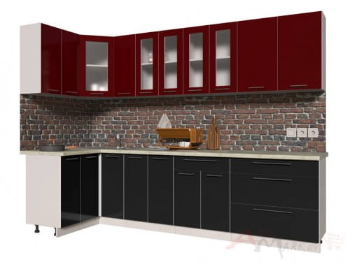 Угловая кухня Интерлиния Мила Пластик 1,2x2,9 в цвете черный / бордовый