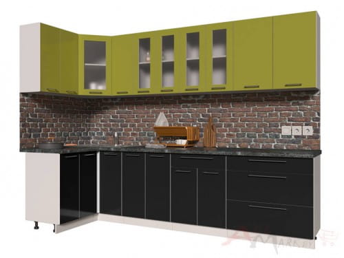 Угловая кухня Интерлиния Мила Пластик 1,2x2,9 в цвете черный / олива
