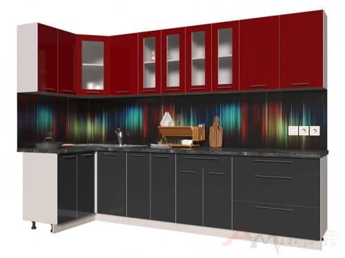 Угловая кухня Интерлиния Мила Пластик 1,2x3,0 в цвете антрацит / красный