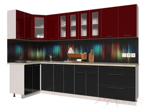 Угловая кухня Интерлиния Мила Пластик 1,2x3,0 в цвете черный / бордовый